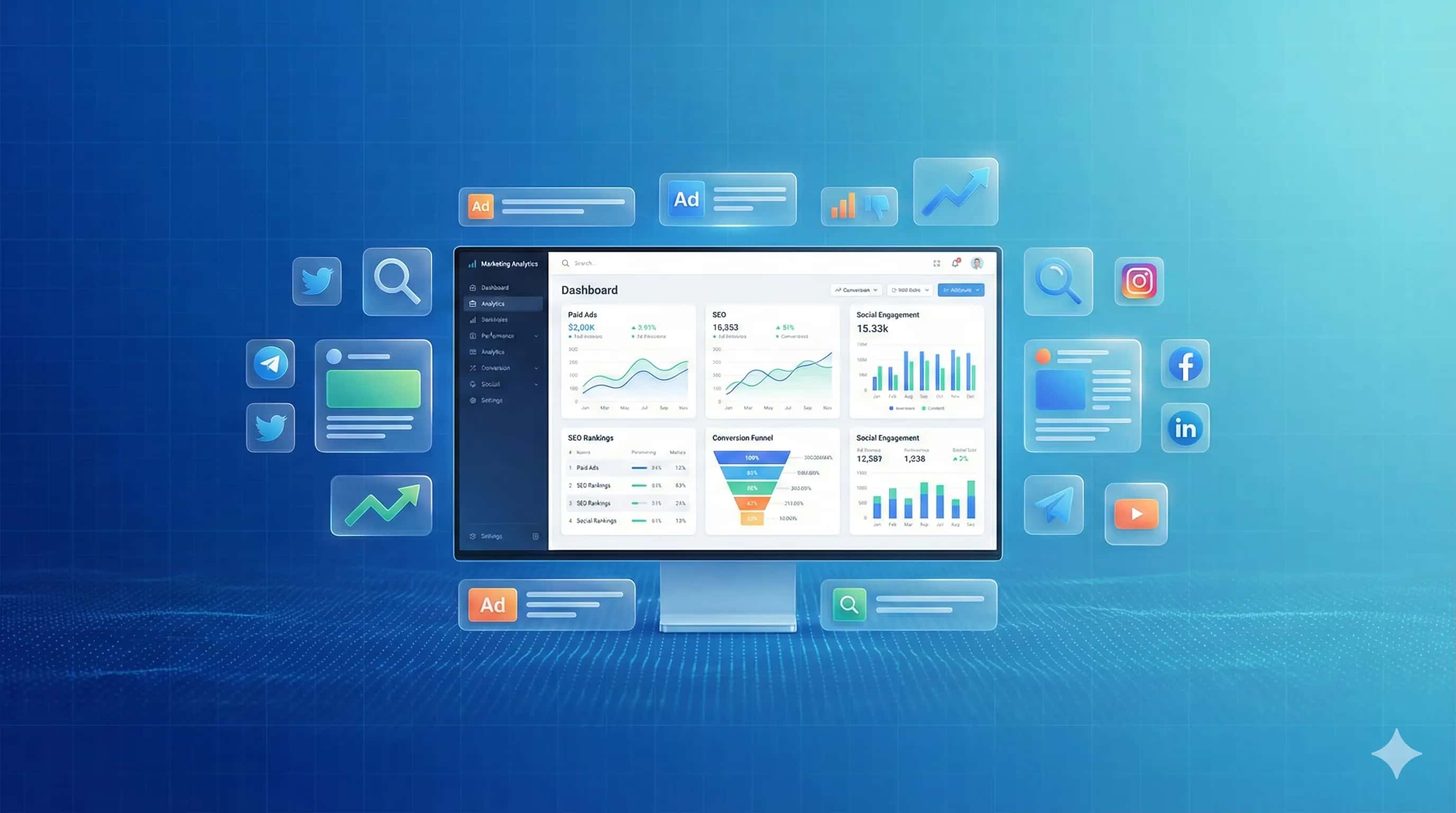 Banner of digital marketing showcasing all services i.e. SEO, Social Media Management, Google Ads, Strategy, Trends, Support etc